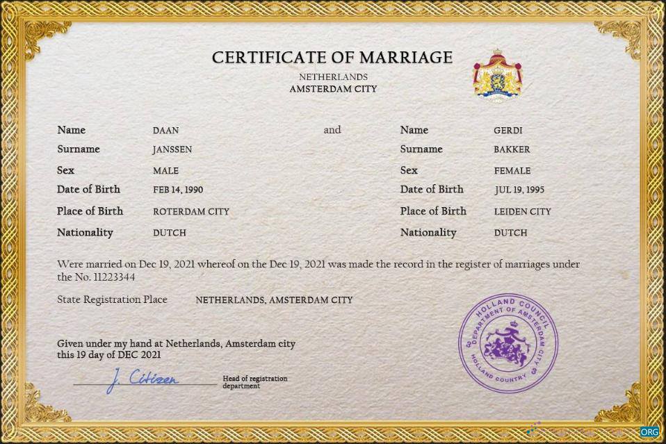 Download Netherlands marriage certificate PSD template Photoshop template